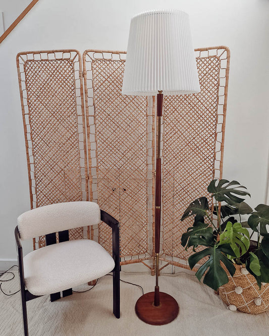 Mid Century Teak & Brass Standard Floor Lamp inc. Shade