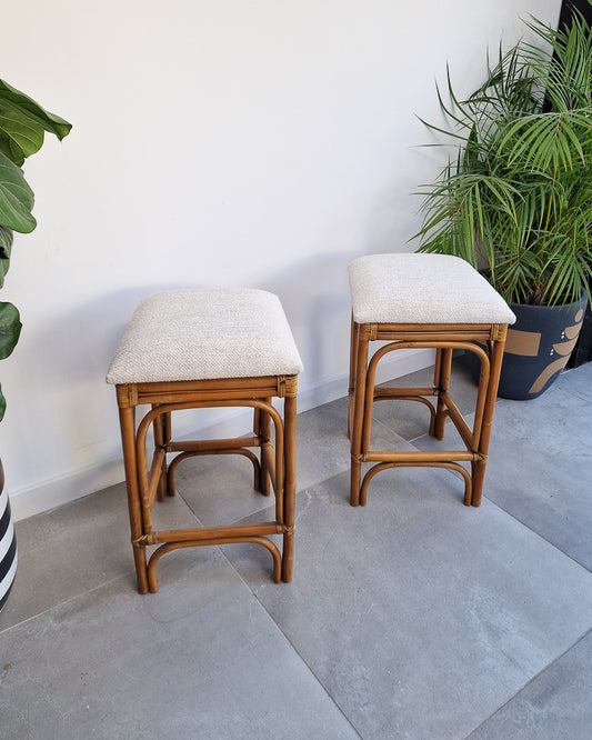 Vintage Bamboo Bar / Kitchen Upholstered Stools (Pair)