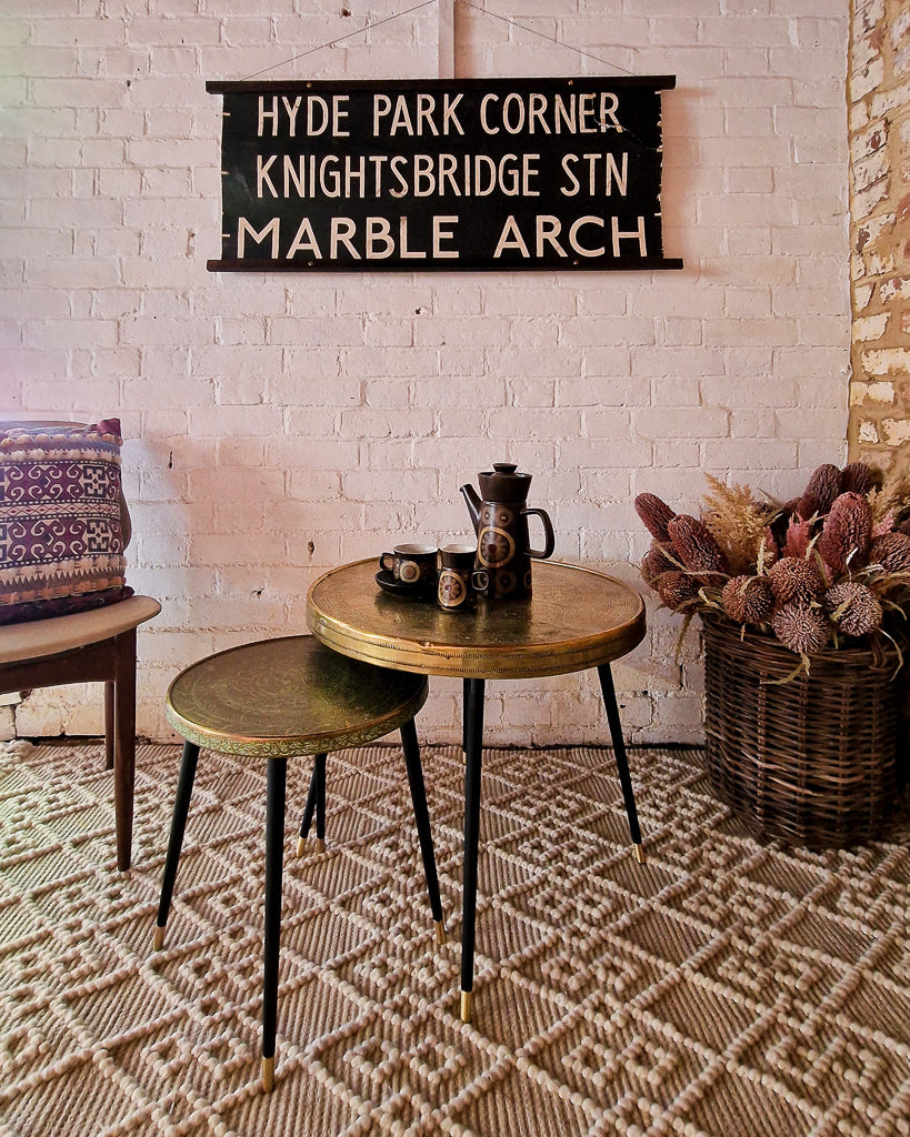 Vintage Indian Brass Top on Dansette Legs Side Table Set