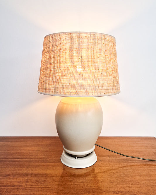 Mid century cream ceramic table lamp with textured shade, converted 1930s speaker lamp professionally wired and tested with minor marks