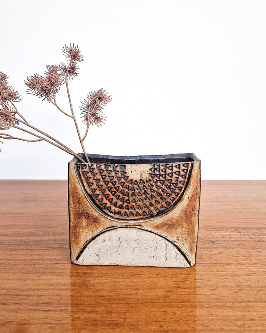 Mid century Louis Hudson studio pottery vase with geometric textured design, 1960s British ceramic in excellent condition no chips or cracks