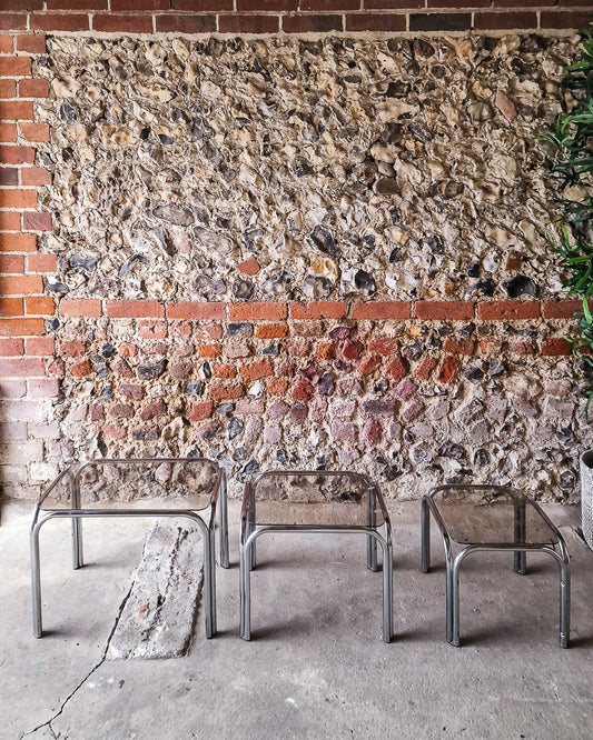 Mid Century Chrome & Smoked Glass Nesting Tables (Trio)