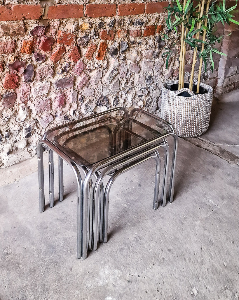 Mid Century Chrome & Smoked Glass Nesting Tables (Trio)