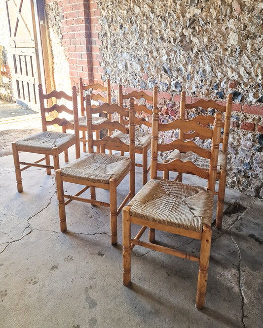 Mid Century French Farmhouse Rush Pine Dining Chairs (x6)