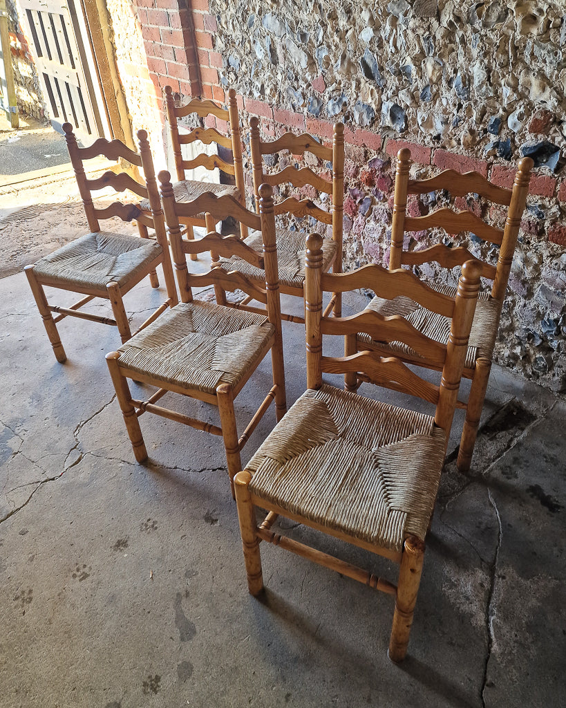 Mid Century French Farmhouse Rush Pine Dining Chairs (x6)