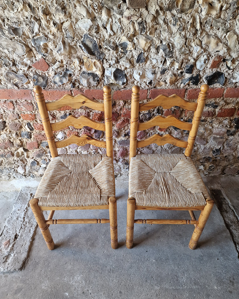 Mid Century French Farmhouse Rush Pine Dining Chairs (x6)