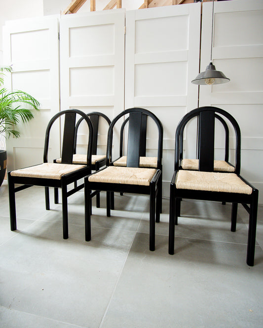 Ebonised & Rush Seat Italian 1980s Chairs