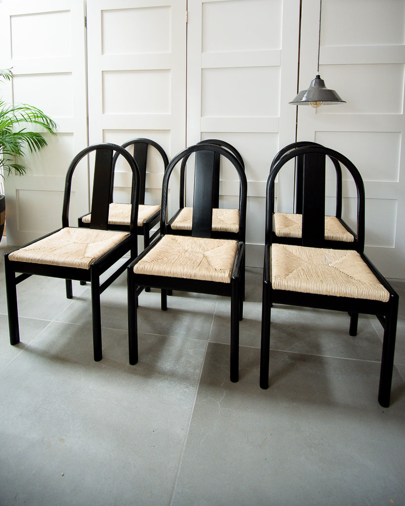 Ebonised & Rush Seat Italian 1980s Chairs