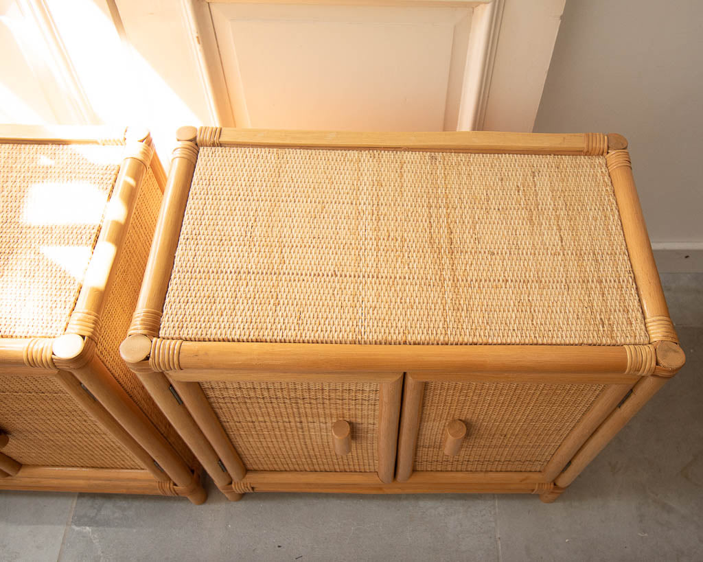 Mid Century Rattan & Bamboo Bedside Cabinet / Side Table (Pair)