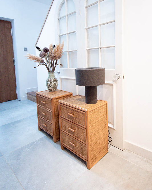 Mid Century Rattan & Cane Bamboo Bedside Cabinet / Side Table (Pair)