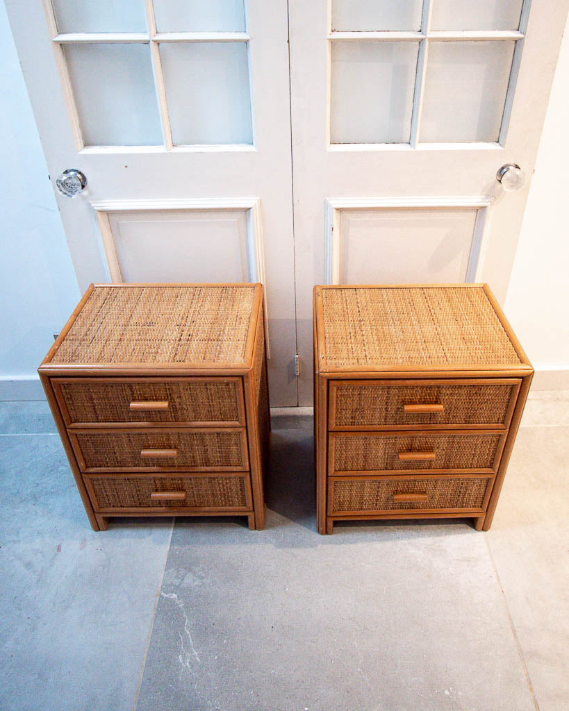 Mid Century Rattan & Cane Bamboo Bedside Cabinet / Side Table (Pair)