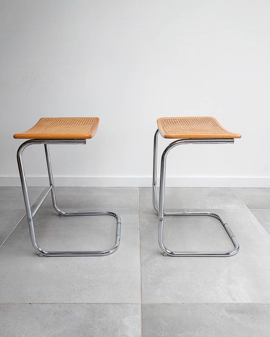 Bauhaus Style Chrome Rattan Kitchen Stools (x2)