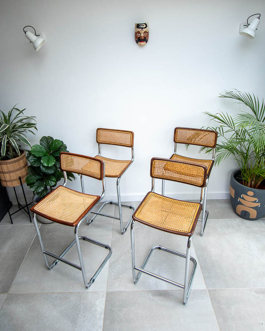 Bauhaus Style Chrome Rattan Bar Stools (x4)