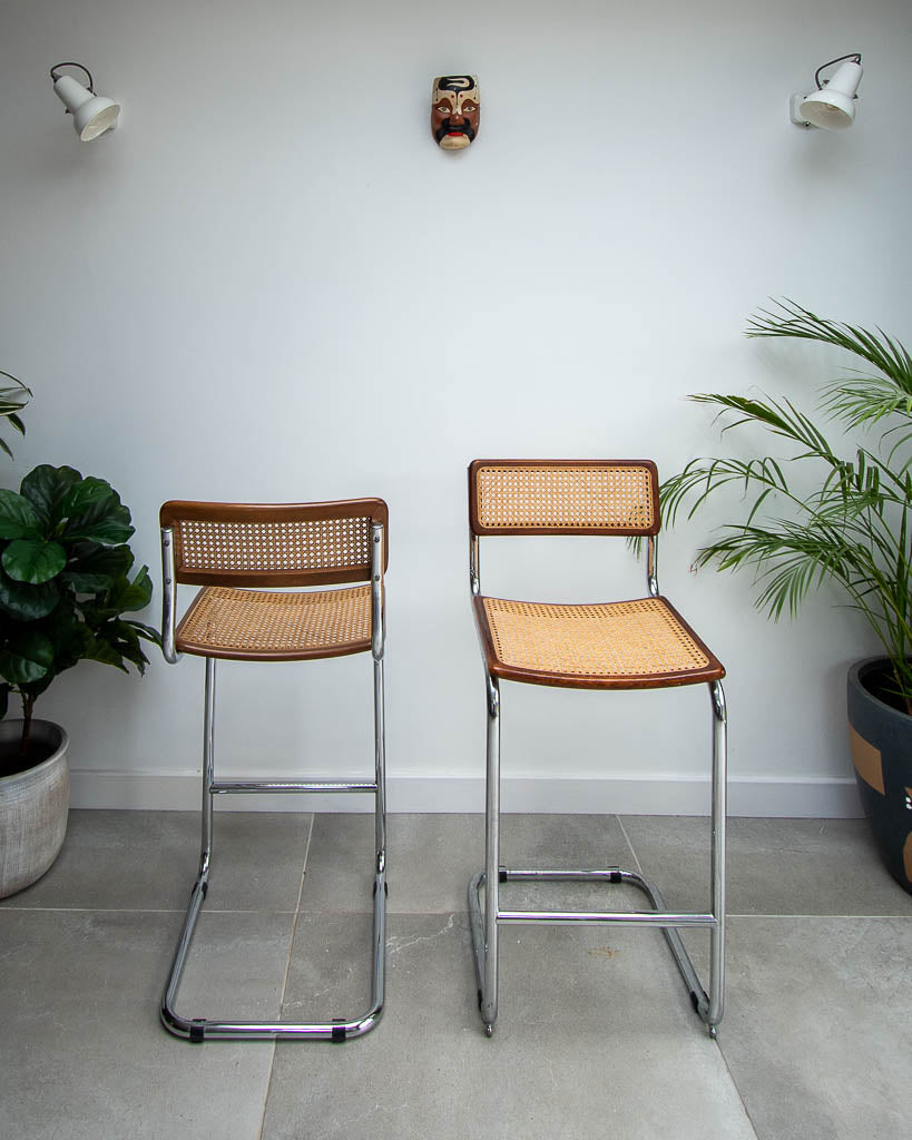 Bauhaus Style Chrome Rattan Bar Stools (x4)
