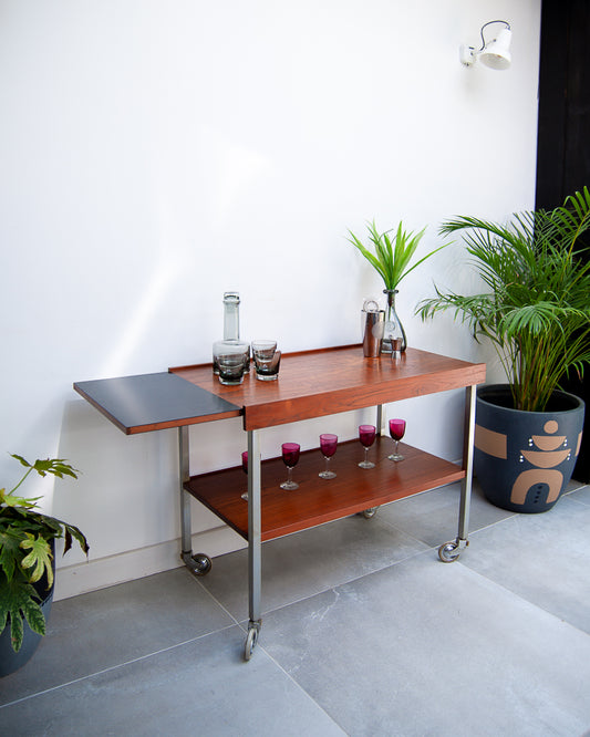 Afromosia Teak & Chrome Cocktail Trolley / Bar