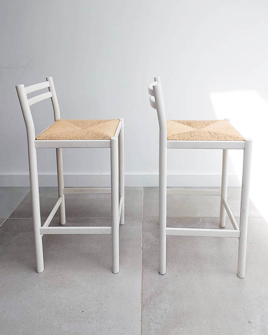 Mid Century White Kitchen / Low Bar Stools (Pair)