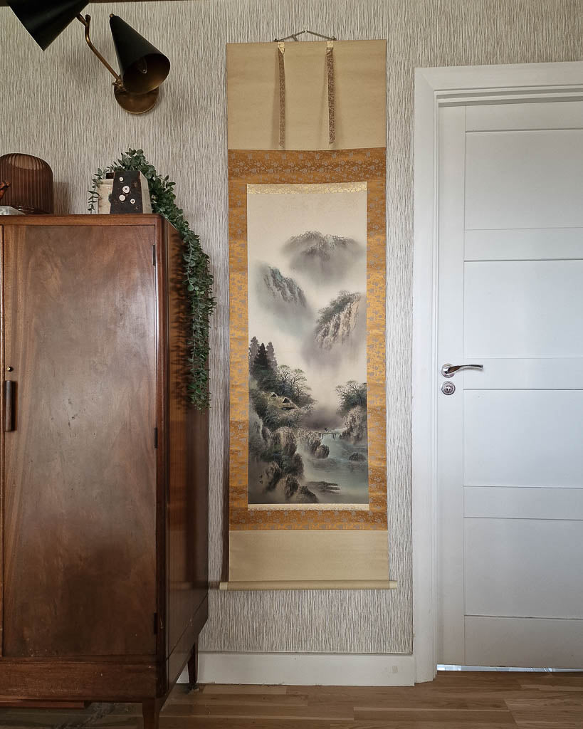 Vintage Japanese Hanging Scroll of Mountain Landscape (Colour)