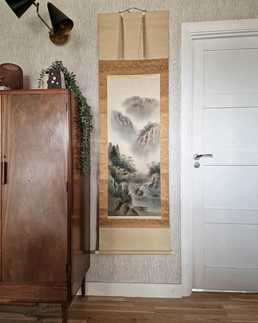 Vintage Japanese Hanging Scroll of Mountain Landscape (Colour)
