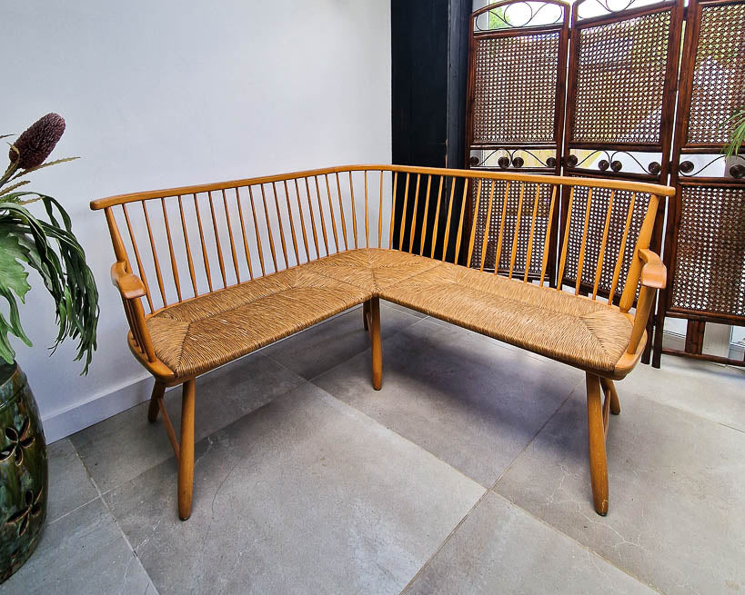Arno Lambrecht Mid Century Beech and Rattan Corner Bench