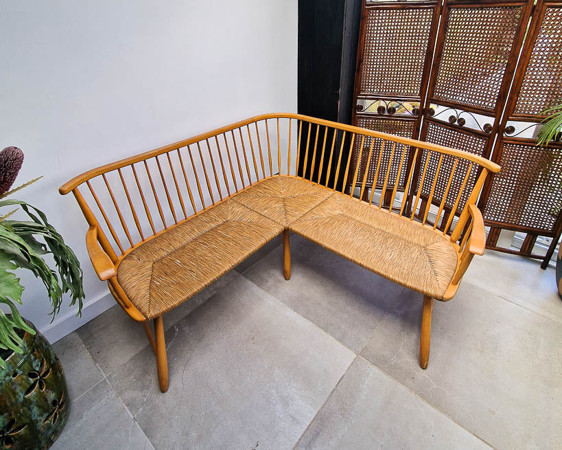 Arno Lambrecht Mid Century Beech and Rattan Corner Bench