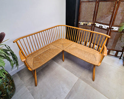 Arno Lambrecht Mid Century Beech and Rattan Corner Bench