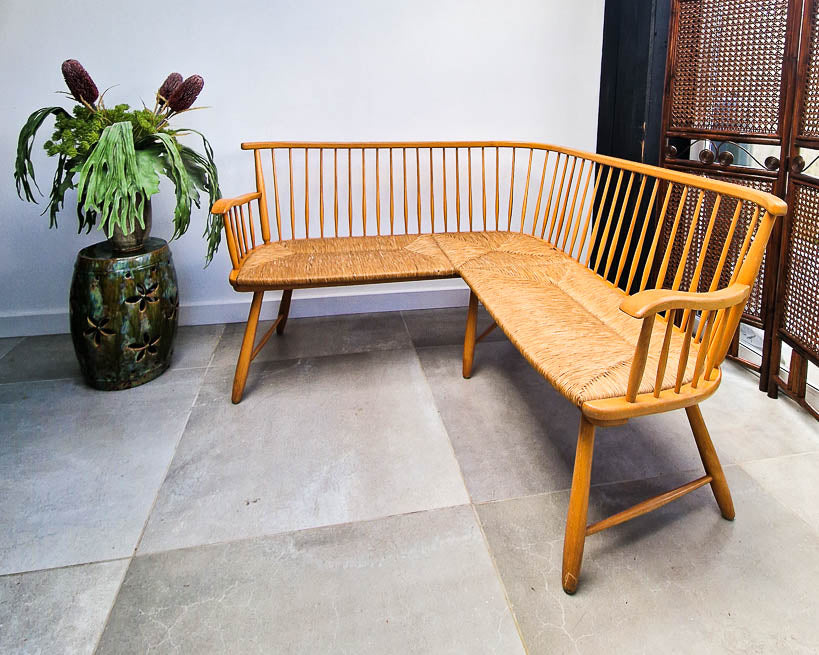 Arno Lambrecht Mid Century Beech and Rattan Corner Bench