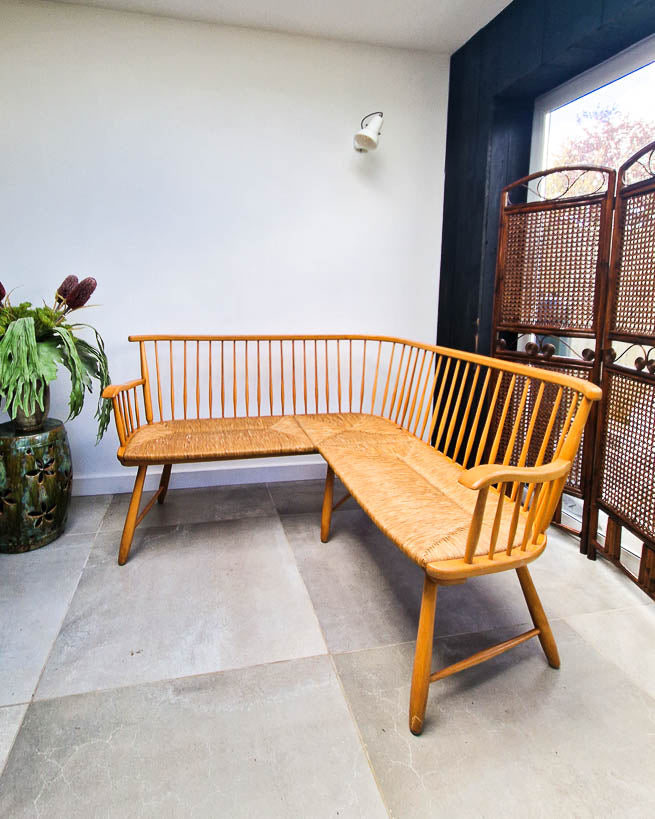 Arno Lambrecht Mid Century Beech and Rattan Corner Bench