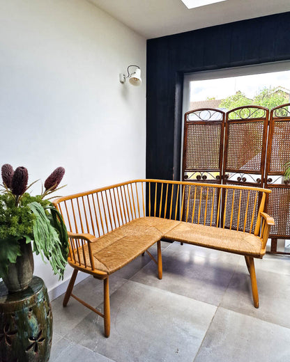 Arno Lambrecht Mid Century Beech and Rattan Corner Bench