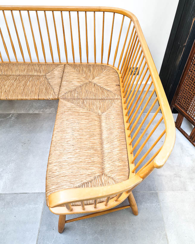 Arno Lambrecht Mid Century Beech and Rattan Corner Bench