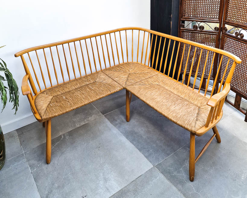 Arno Lambrecht Mid Century Beech and Rattan Corner Bench