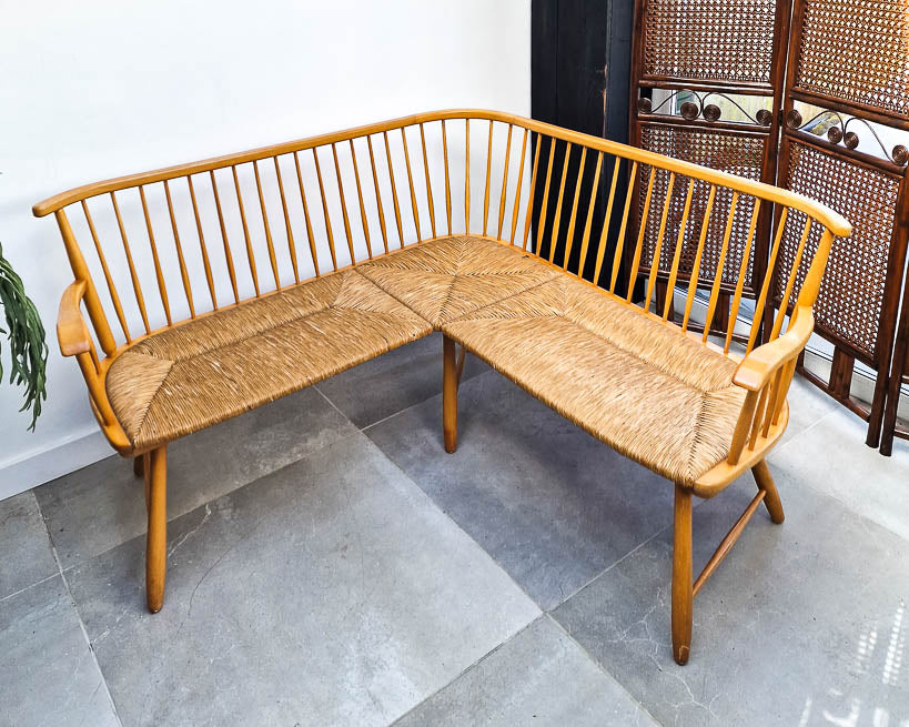 Arno Lambrecht Mid Century Beech and Rattan Corner Bench