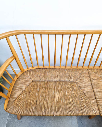 Arno Lambrecht Mid Century Beech and Rattan Corner Bench