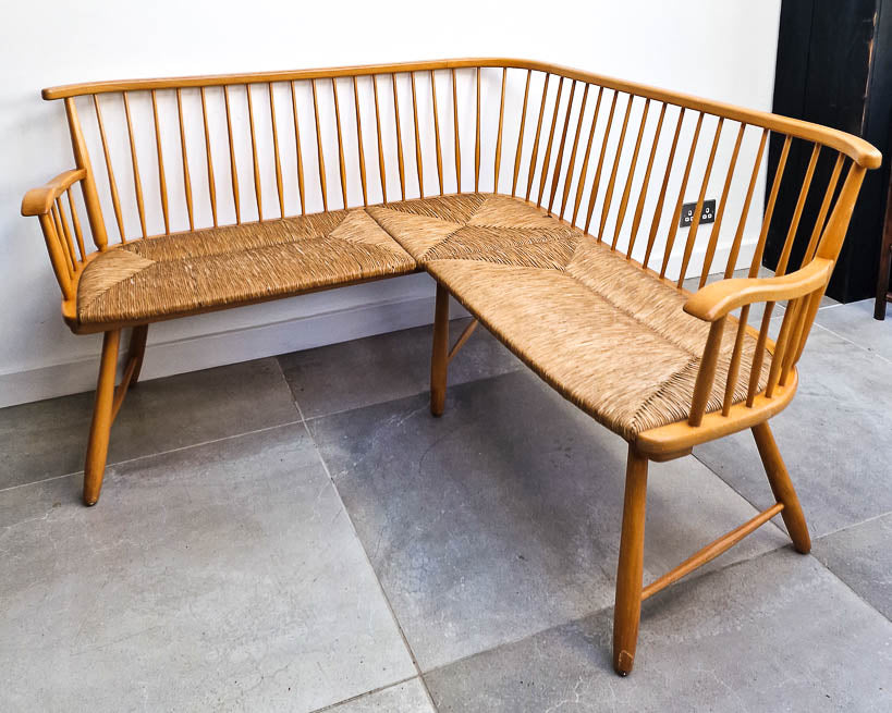 Arno Lambrecht Mid Century Beech and Rattan Corner Bench