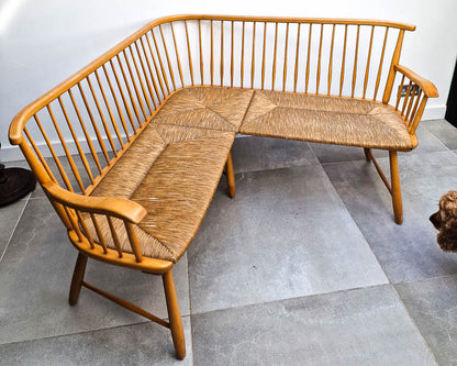 Arno Lambrecht Mid Century Beech and Rattan Corner Bench