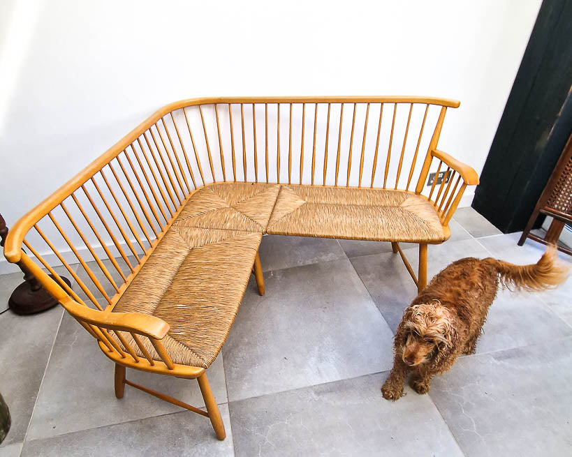 Arno Lambrecht Mid Century Beech and Rattan Corner Bench
