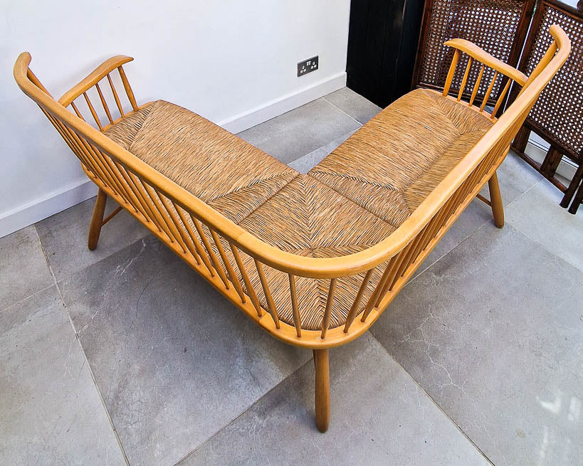Arno Lambrecht Mid Century Beech and Rattan Corner Bench