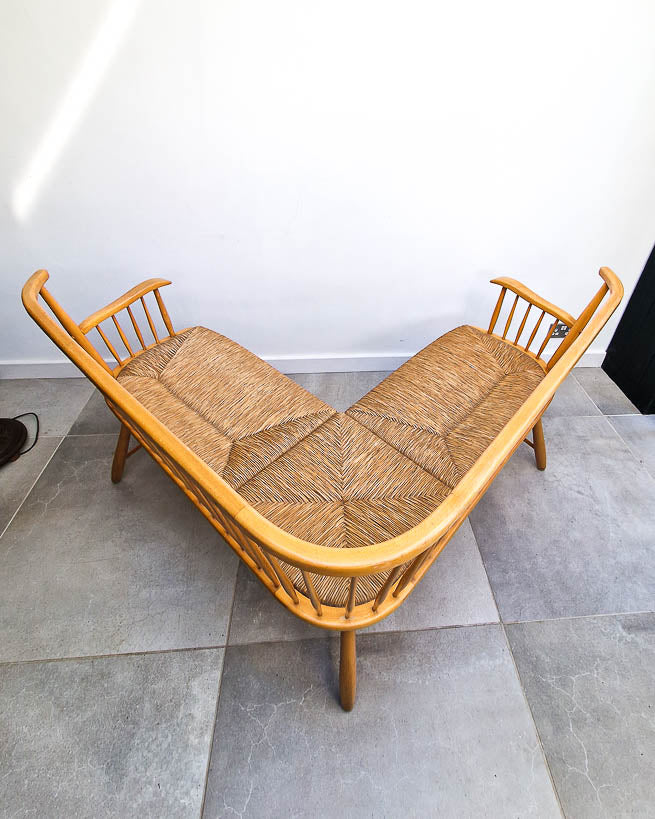 Arno Lambrecht Mid Century Beech and Rattan Corner Bench
