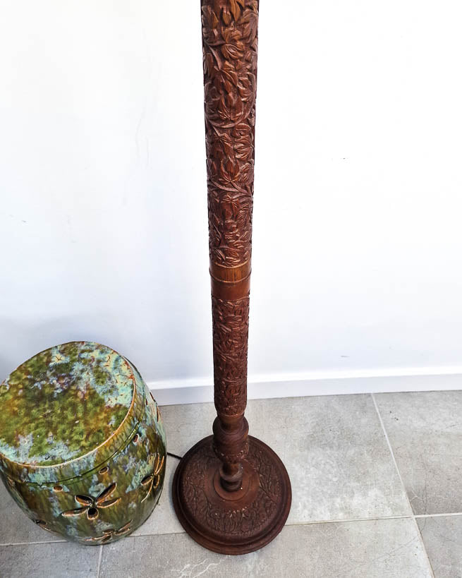 Mid Century Carved Teak Lamp Floor inc. Shade