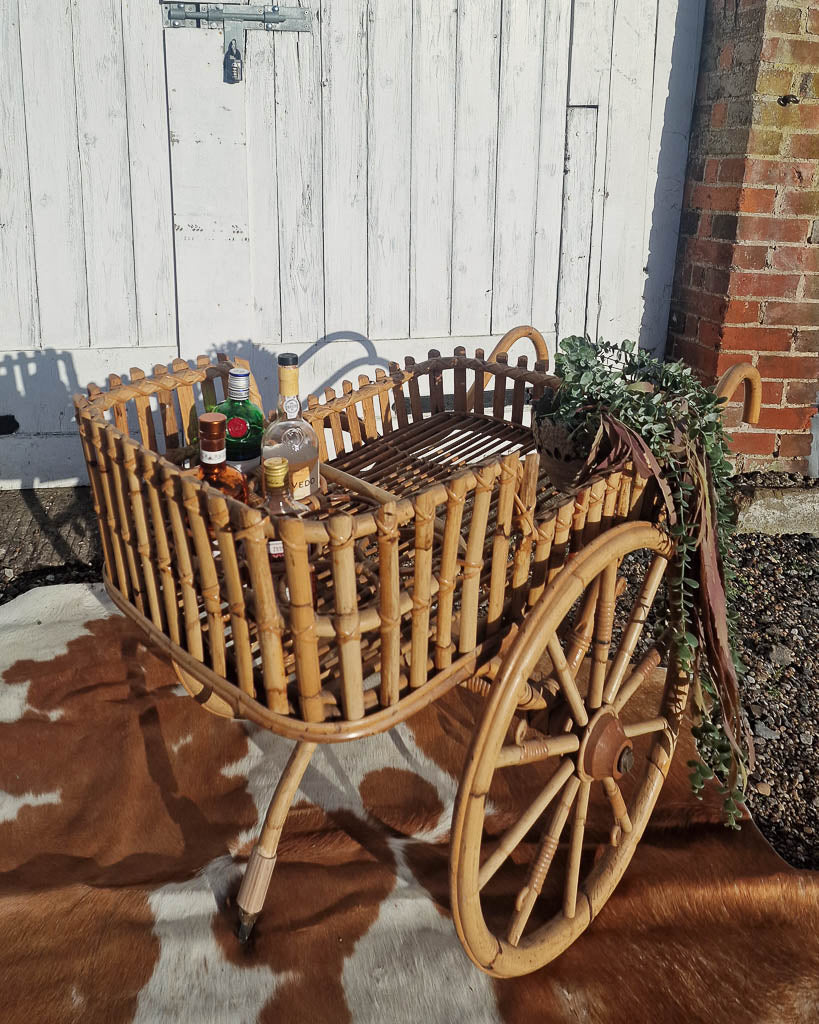 Italian Mid Century Bamboo Cocktail Bar Trolley Cart
