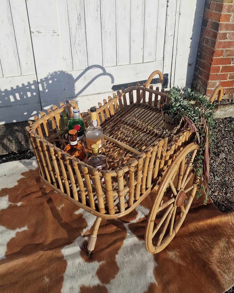 Italian Mid Century Bamboo Cocktail Bar Trolley Cart