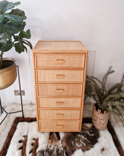 Mid Century Bamboo & Rattan Tall Chest of Drawers