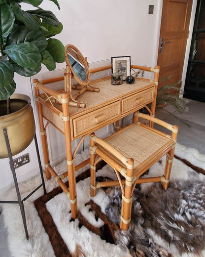 Mid Century Rattan and Cane Bamboo Dressing Table & Stool