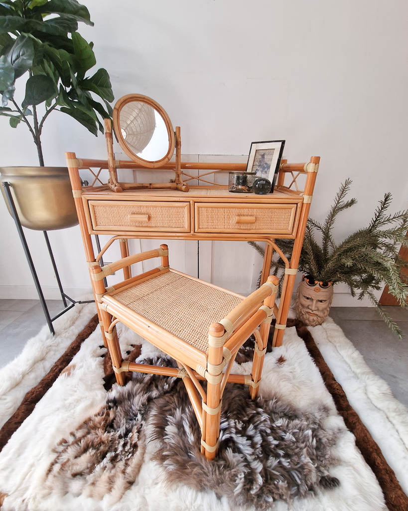 Mid Century Rattan and Cane Bamboo Dressing Table & Stool