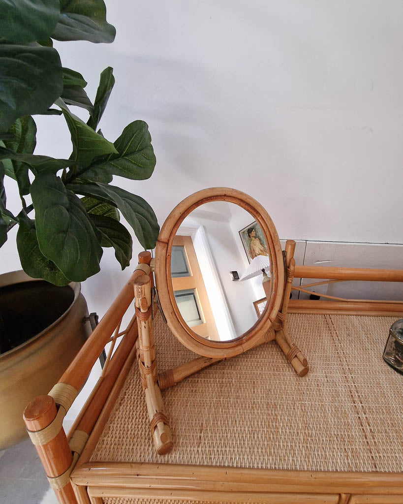 Mid Century Rattan and Cane Bamboo Dressing Table & Stool