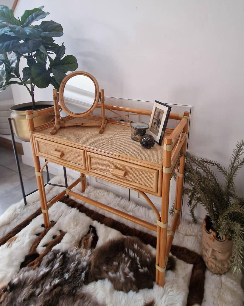 Mid Century Rattan and Cane Bamboo Dressing Table & Stool