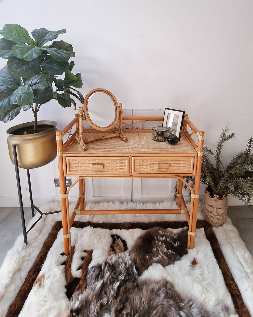 Mid Century Rattan and Cane Bamboo Dressing Table & Stool