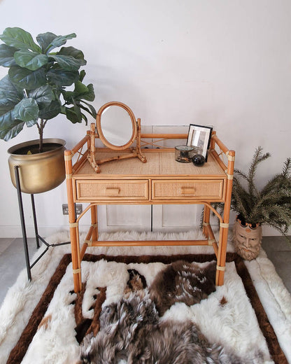 Mid Century Rattan and Cane Bamboo Dressing Table & Stool