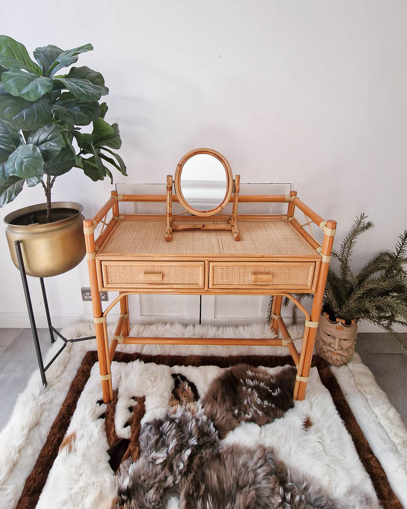 Mid Century Rattan and Cane Bamboo Dressing Table & Stool