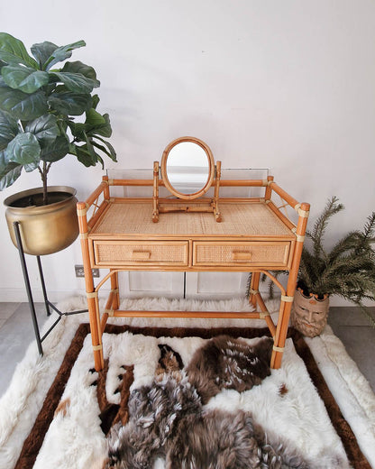 Mid Century Rattan and Cane Bamboo Dressing Table & Stool