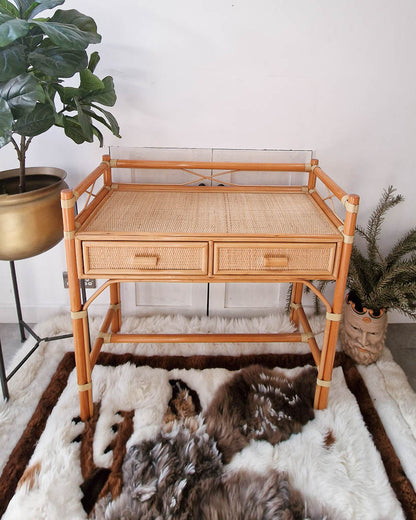 Mid Century Rattan and Cane Bamboo Dressing Table & Stool